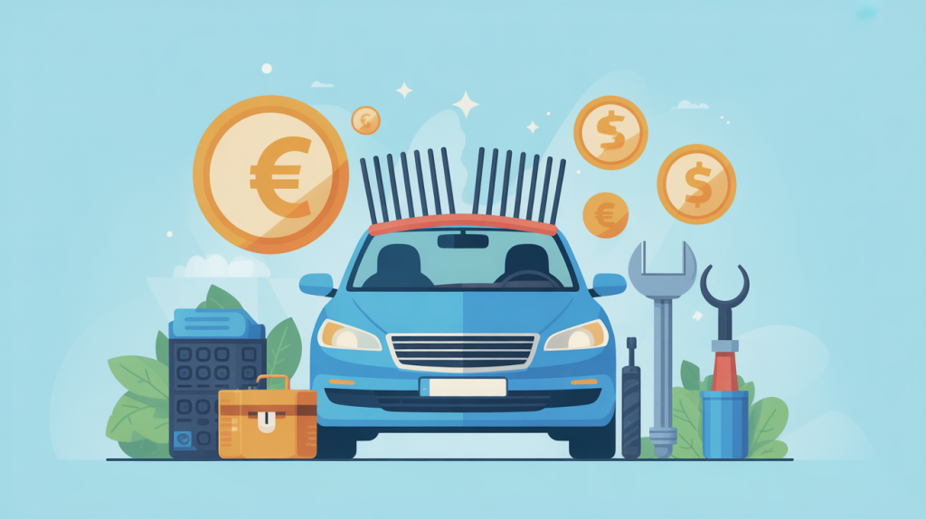 Illustration moderne du prix remplacement pare brise sans assurance, voiture avec pare-brise fissuré et éléments euros