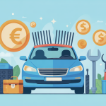 Illustration moderne du prix remplacement pare brise sans assurance, voiture avec pare-brise fissuré et éléments euros