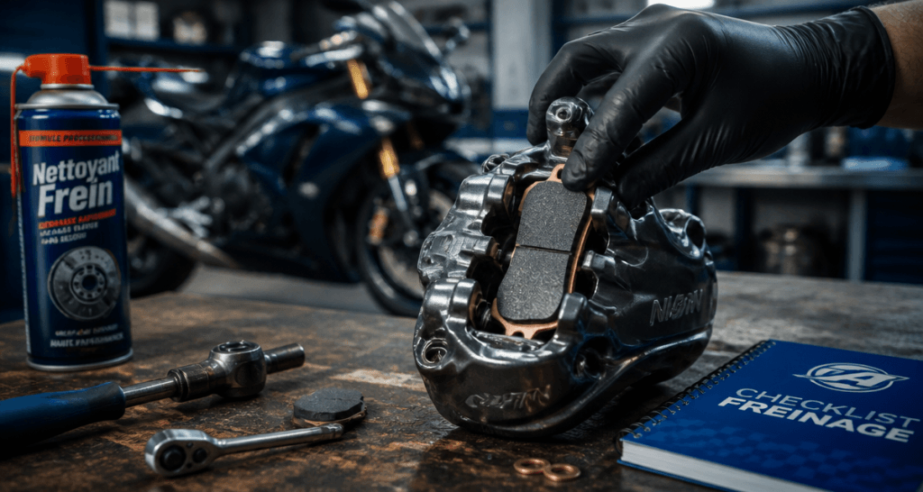 changer plaquette de frein moto gros plan main gantée