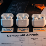 Comparatif AirPods trois modèles sur table