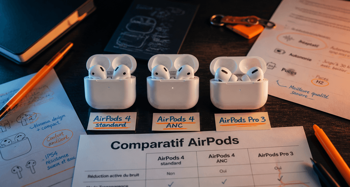 Comparatif AirPods trois modèles sur table
