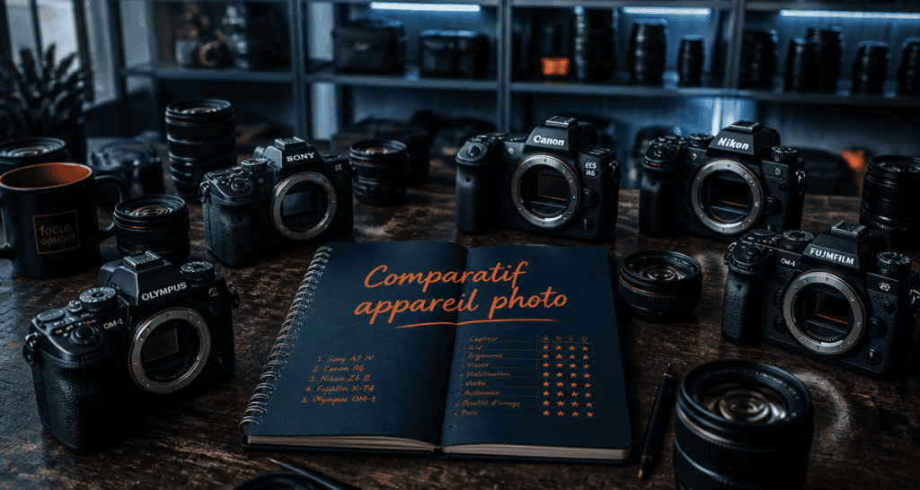 Comparatif appareil photo, hybrides et reflex sur table