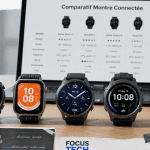 Comparatif montre connectée, cinq modèles sur plateau bois