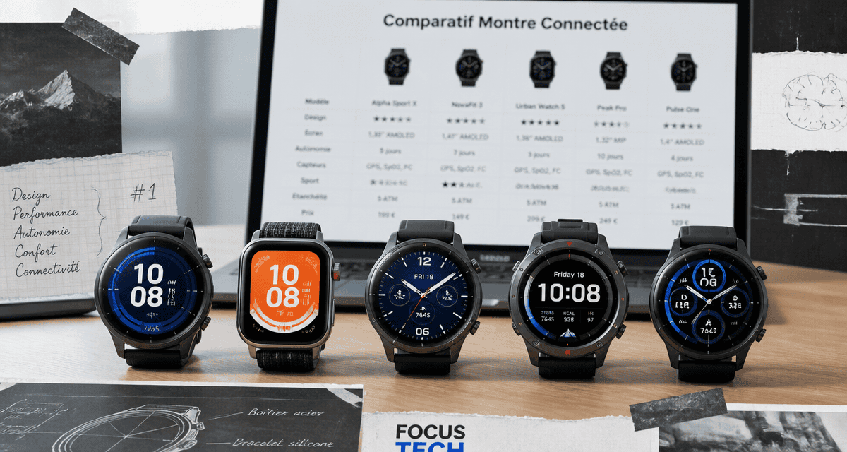 Comparatif montre connectée, cinq modèles sur plateau bois