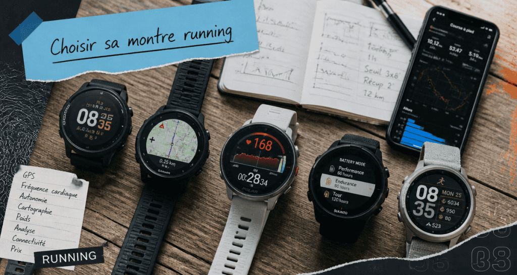 Comparatif montre running sur table avec données techniques
