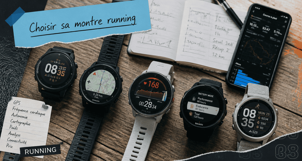 Comparatif montre running sur table avec données techniques