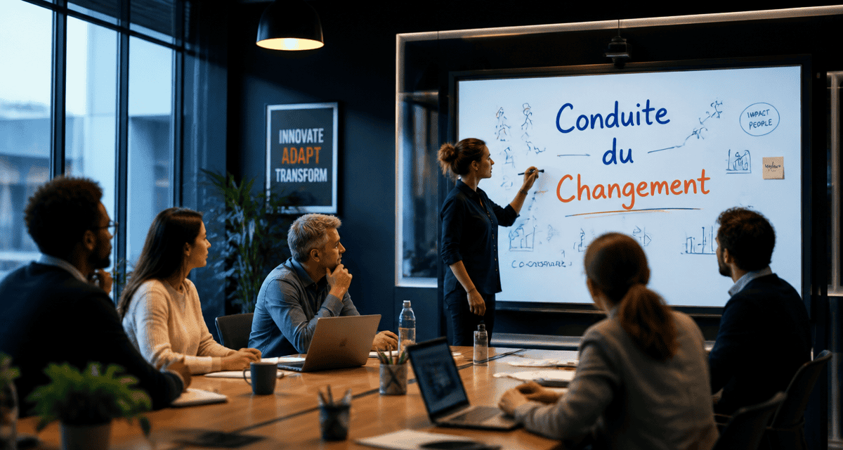 conduite changement collaborateurs autour tableau blanc