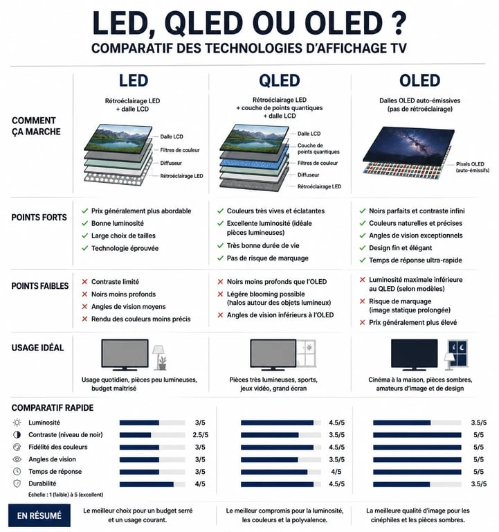 Comparatif des technologies d'affichage pour téléviseur 50 pouces : LED, QLED et OLED