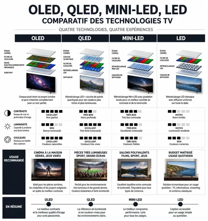 Comparatif des technologies TV OLED, QLED et Mini-LED pour choisir sa télévision