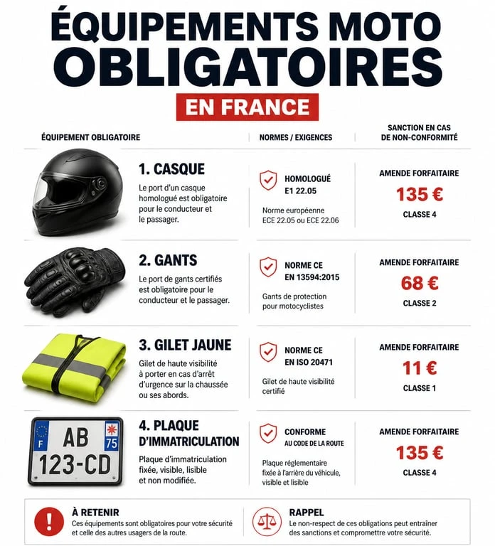 Infographie des équipements moto obligatoires en France : casque, gants et gilet jaune