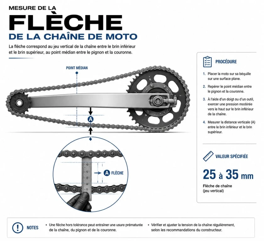 Schéma illustrant la mesure de la tension de la chaîne moto (flèche) pour un réglage optimal