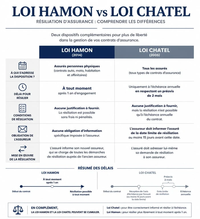 Infographie comparative des différences entre la loi Hamon et la loi Chatel pour la résiliation d'assurance