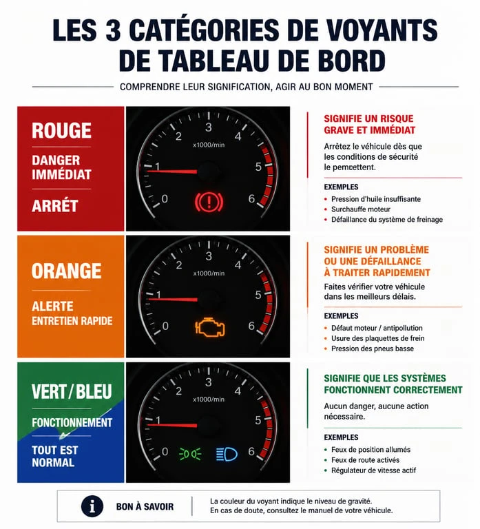 Infographie récapitulative des voyants de tableau de bord : signification des couleurs rouge, orange et vert pour la sécurité routière.