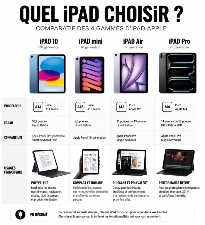 Infographie comparative des modèles d'iPad 2025 pour choisir le meilleur iPad selon vos besoins