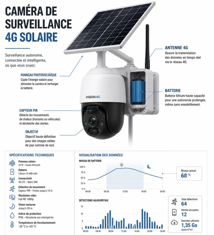 Schéma technique des composants d'une caméra 4G solaire pour surveillance autonome