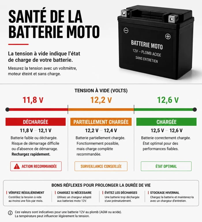 Infographie sur la durée de vie batterie moto et diagnostic par tension