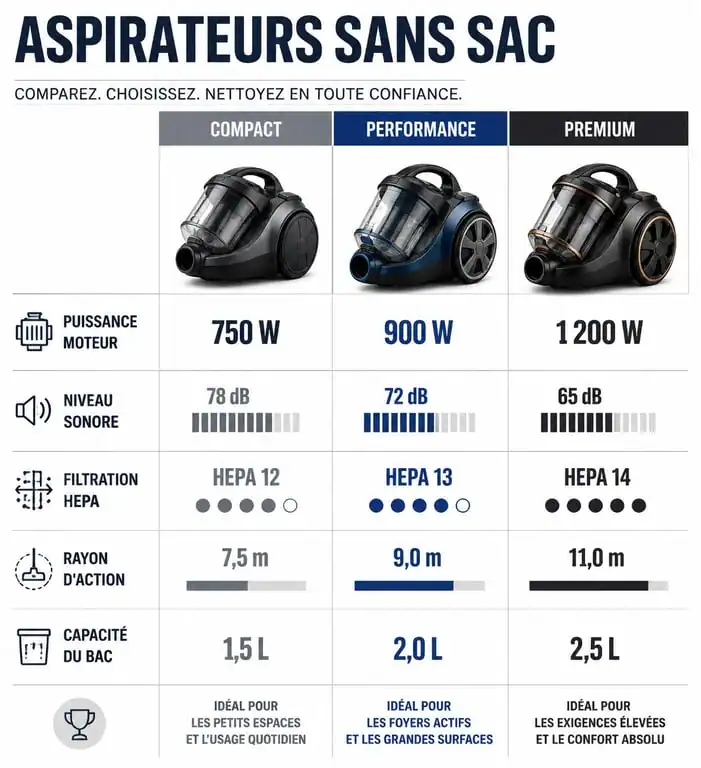 Infographie comparative des performances des aspirateurs sans sac : modèles compacts, performance et premium.