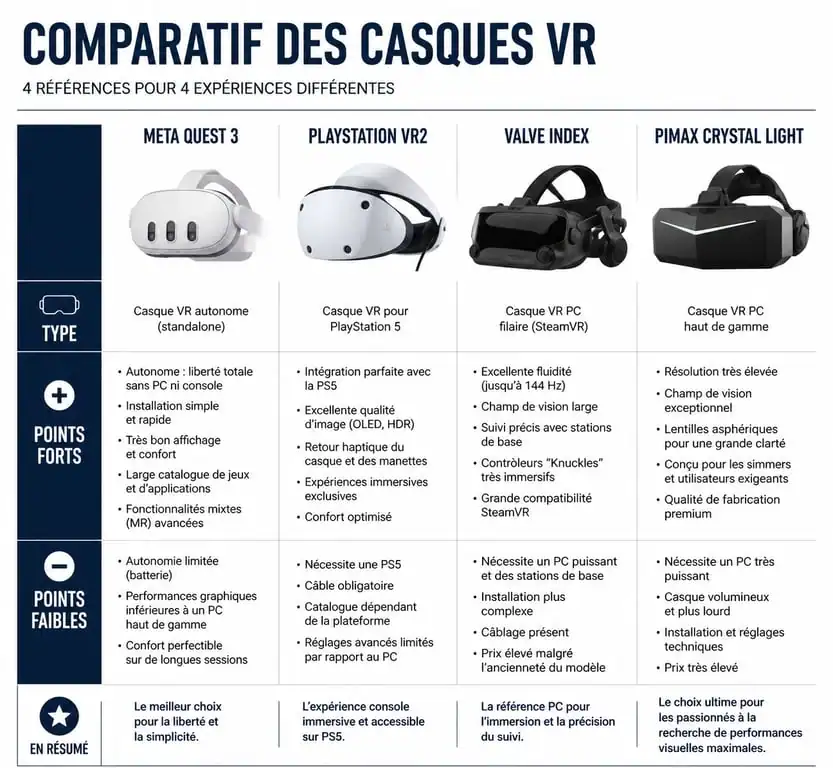 Comparatif des meilleurs casques VR 2026 : Meta Quest 3, PS VR2, Valve Index et Pimax Crystal Light