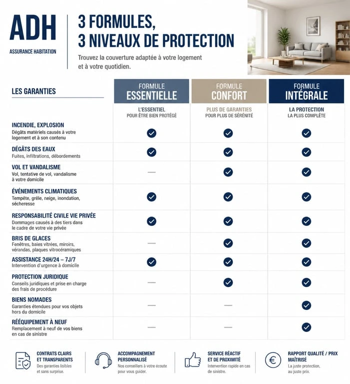 Tableau comparatif des formules d'assurance habitation ADH : Essentielle, Confort et Sérénité
