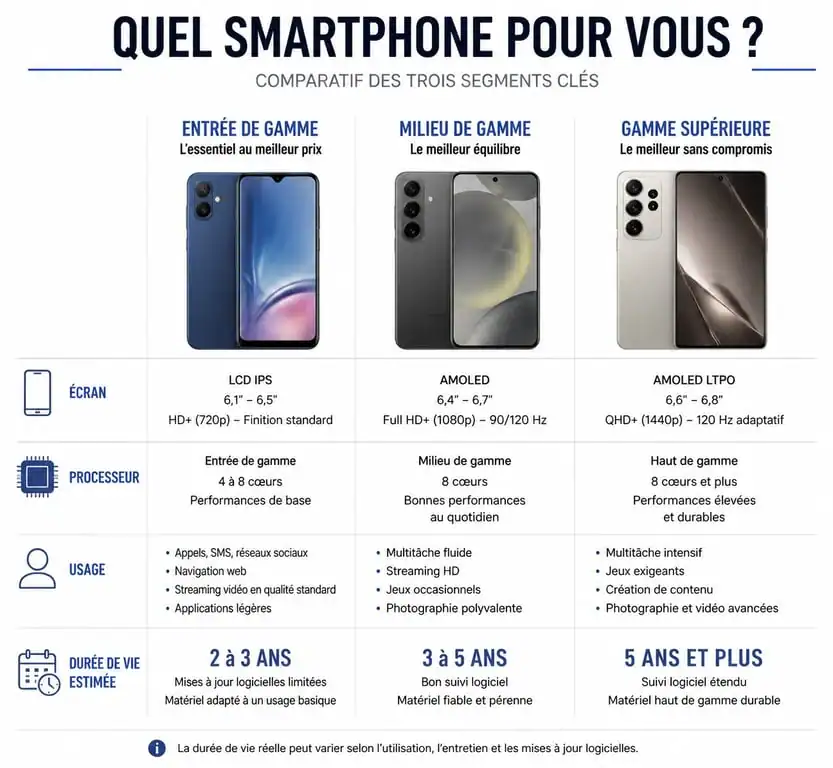 Infographie comparative des gammes de smartphones pour choisir le meilleur smartphone pas cher