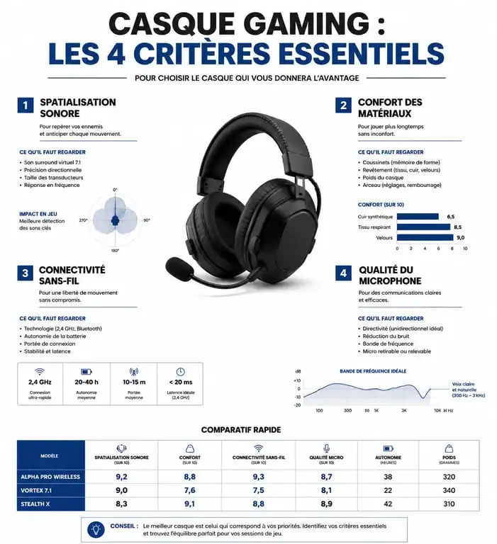 Infographie comparative des critères de choix pour un casque gaming