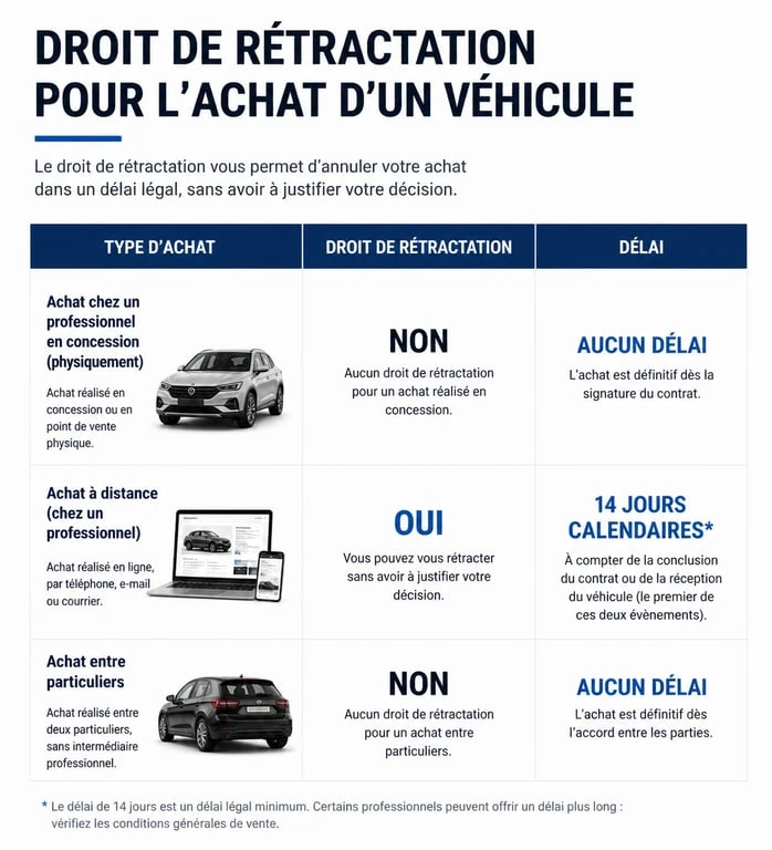 Tableau récapitulatif des droits de rétractation achat véhicule selon le type de transaction