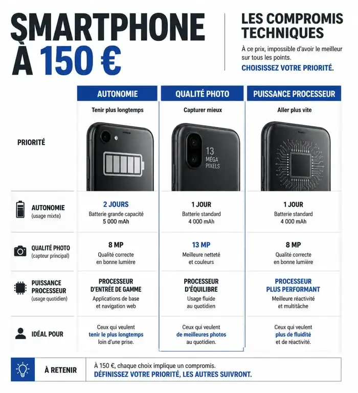 Infographie comparative des caractéristiques techniques d'un smartphone à 150 euros