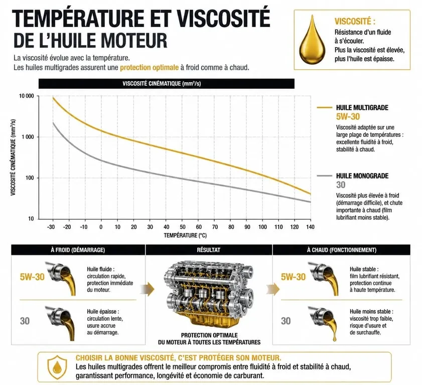Infographie expliquant la viscosité de l'huile moteur et l'importance des indices SAE selon la température pour la protection du moteur.