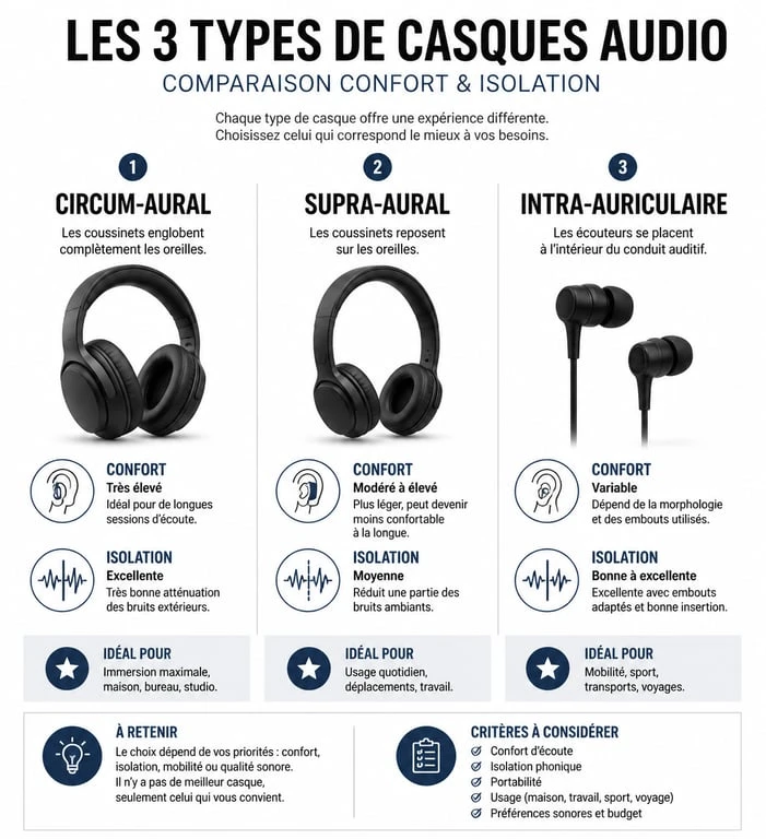 Comparatif des architectures de casques audio : circum-aural, supra-aural et intra-auriculaire