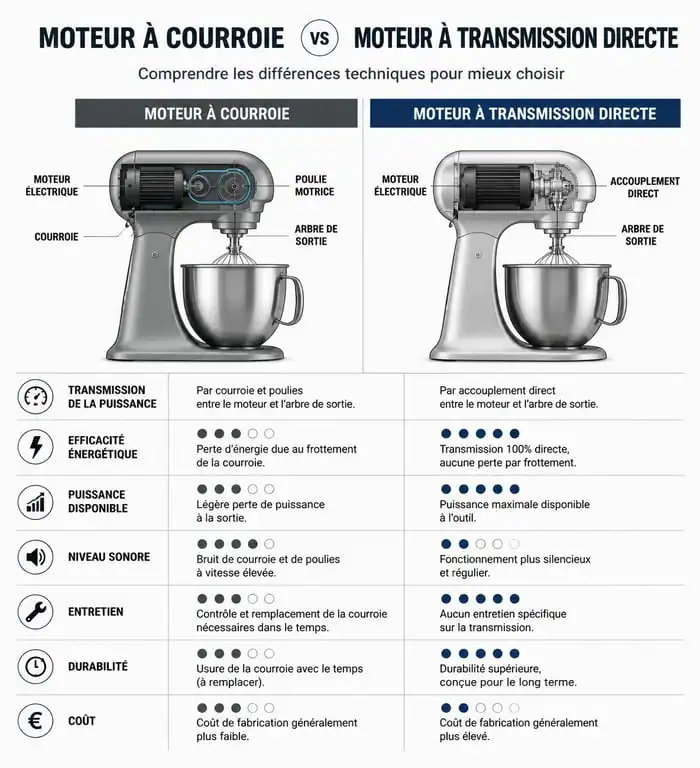Infographie comparative des moteurs de robot pâtissier pour choisir le meilleur modèle