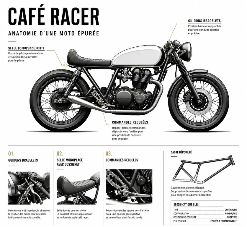 Schéma technique des éléments caractéristiques d'une moto café racer