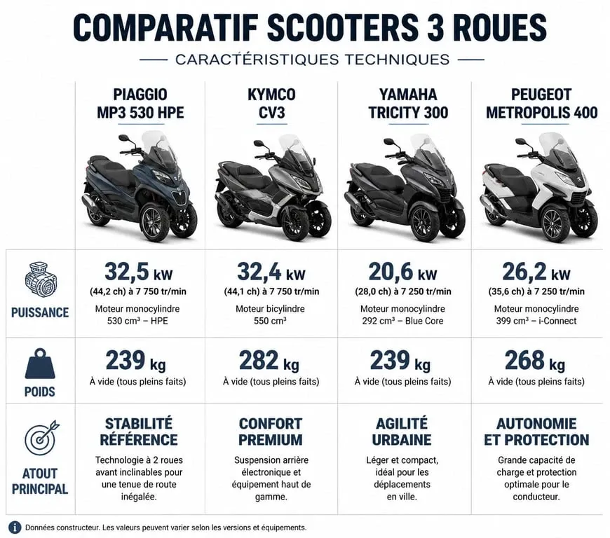 Comparatif des caractéristiques techniques du meilleur scooter 3 roues : Piaggio, Kymco, Yamaha et Peugeot