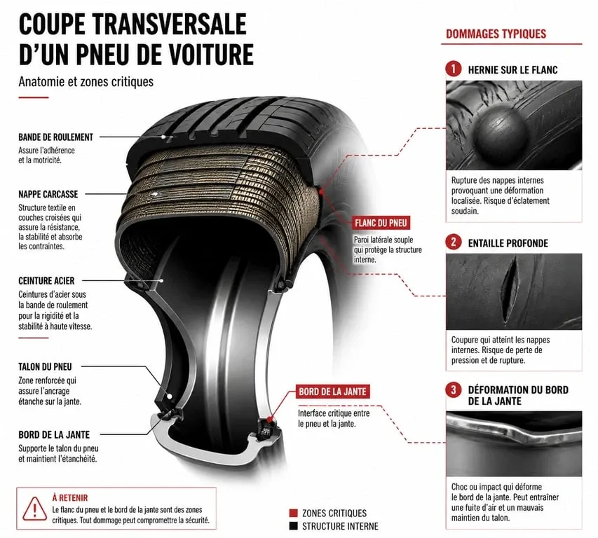 Schéma technique des dommages sur un pneu crevé après un choc contre un trottoir