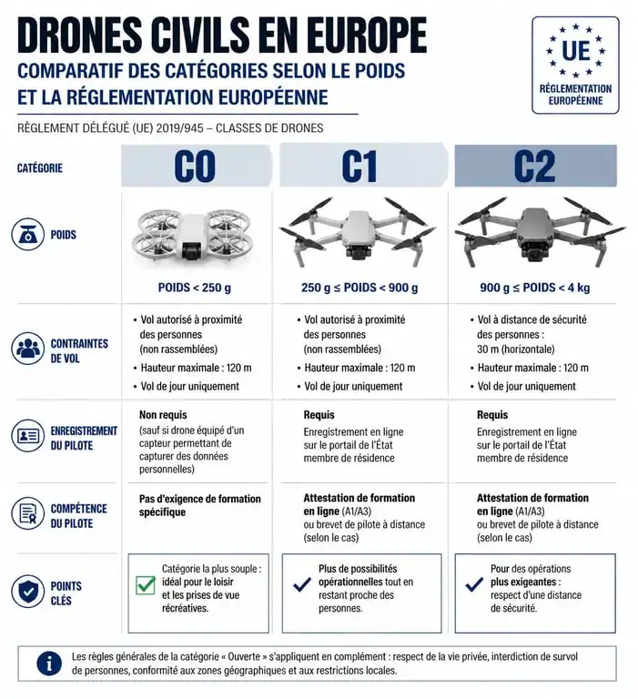Infographie comparative des catégories de drones et réglementation européenne pour drone comparatif