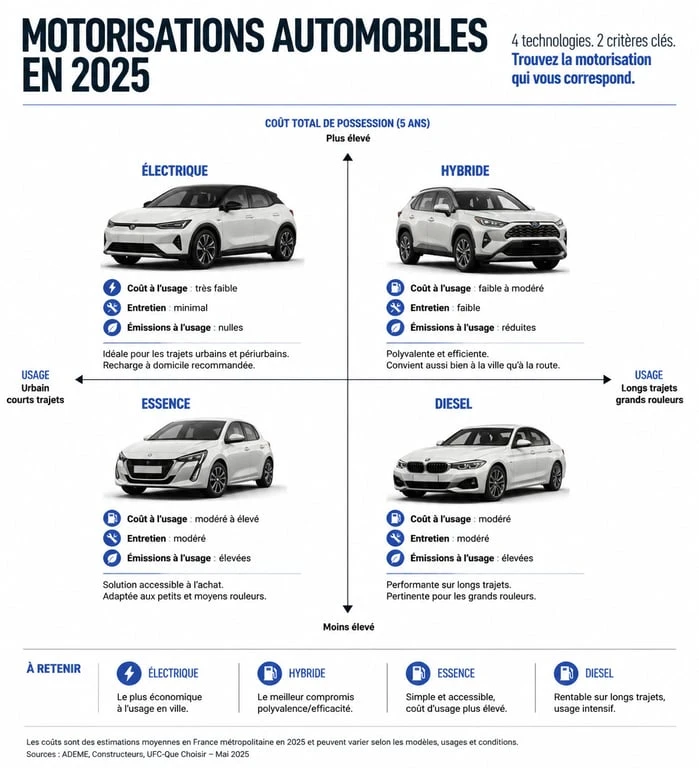 Infographie comparative pour choisir sa motorisation automobile en 2025 entre électrique, hybride, essence et diesel.