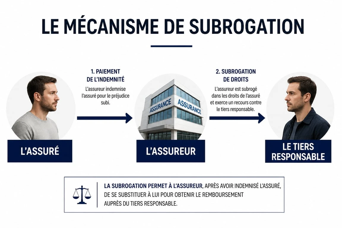 Schéma explicatif du mécanisme de subrogation assurance : transfert des droits de l'assuré vers l'assureur après indemnisation