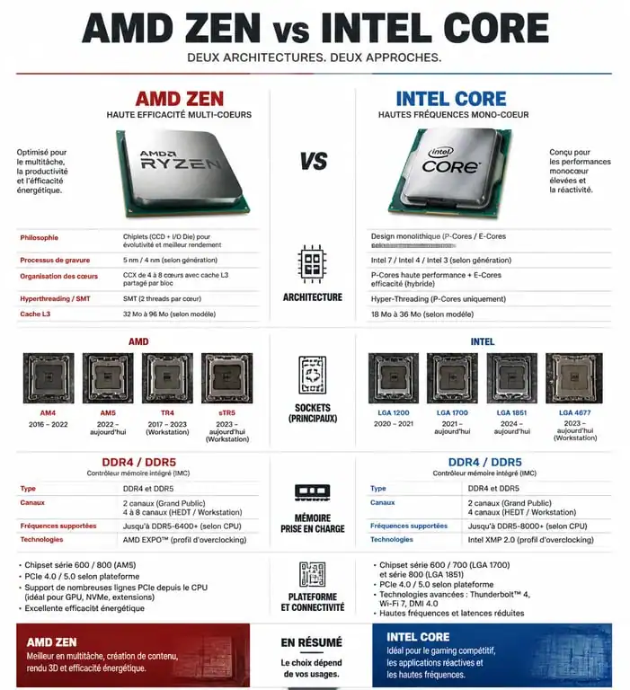 Infographie comparative des processeurs AMD et Intel : sockets et architectures