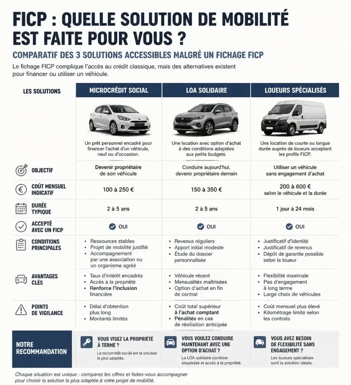 Comparatif des solutions de mobilité pour les personnes fichées FICP : microcrédit, LOA et location spécialisée