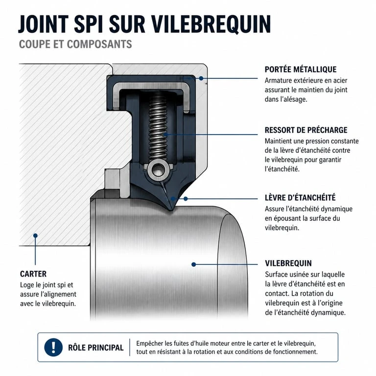 Schéma technique d'un joint spi et son emplacement sur vilebrequin