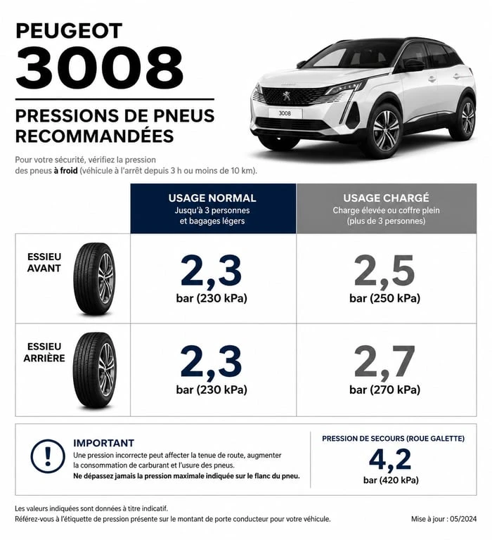 Infographie des pressions de pneus recommandées pour Peugeot 3008