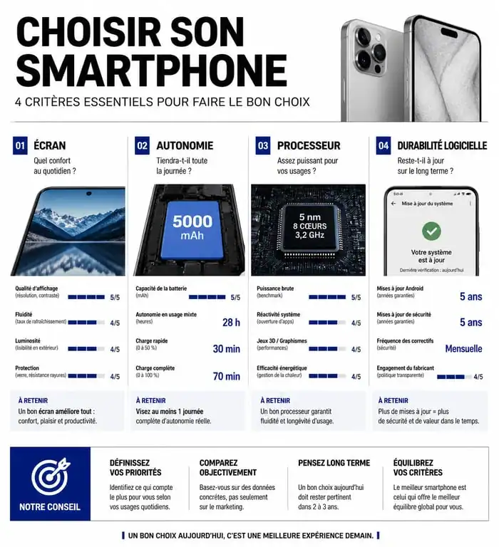 Infographie des critères essentiels pour choisir son smartphone