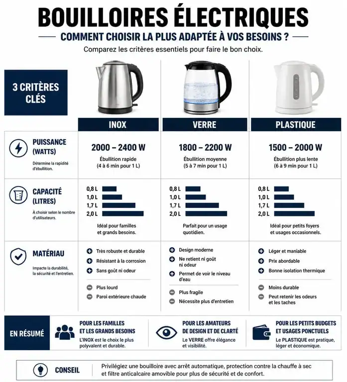 Infographie comparative des critères de choix pour une bouilloire électrique