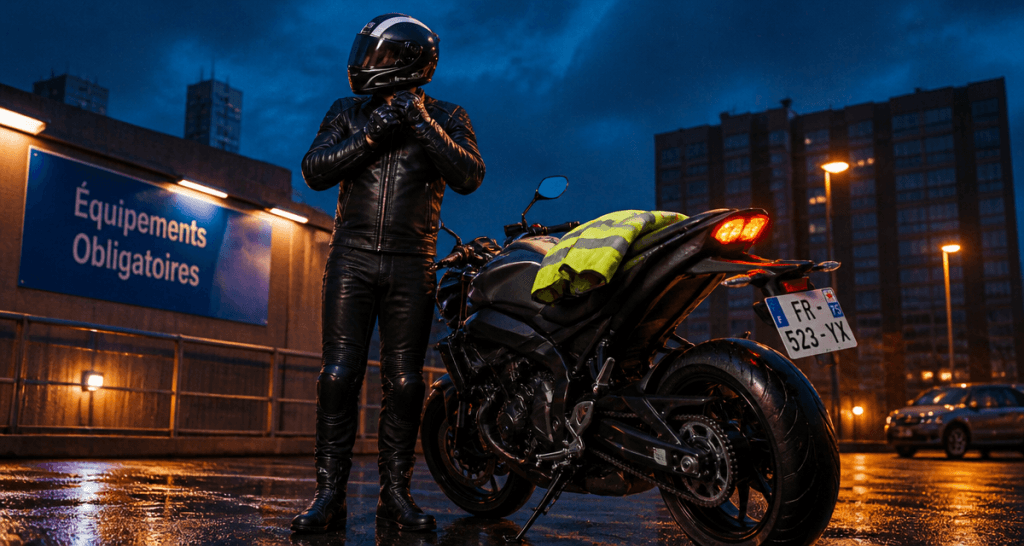 motard équipements moto obligatoire casque gants gilet jaune