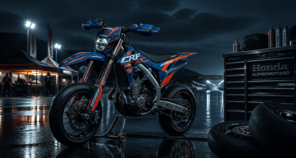 honda supermotard sur circuit au crépuscule
