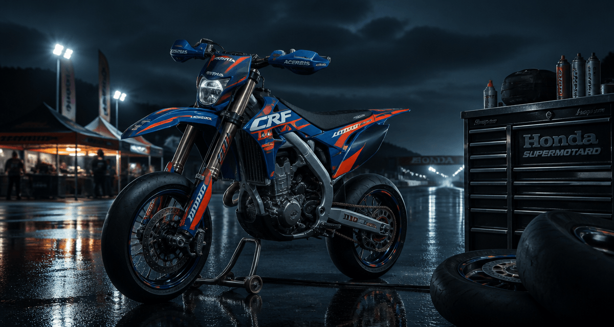 honda supermotard sur circuit au crépuscule