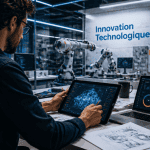 Ingénieur et robots illustrant l'innovation technologique
