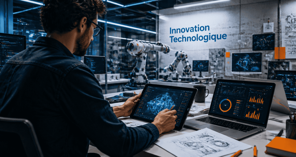 Ingénieur et robots illustrant l'innovation technologique