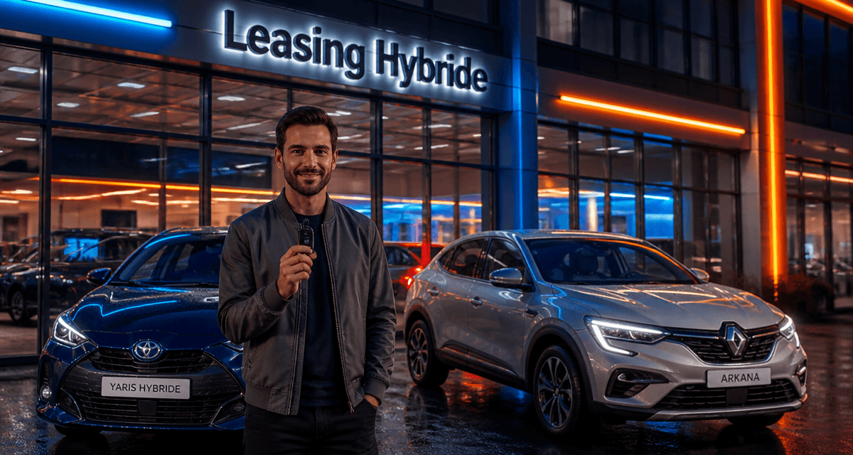 Leasing voiture hybride Toyota Yaris et Renault Arkana devant concession