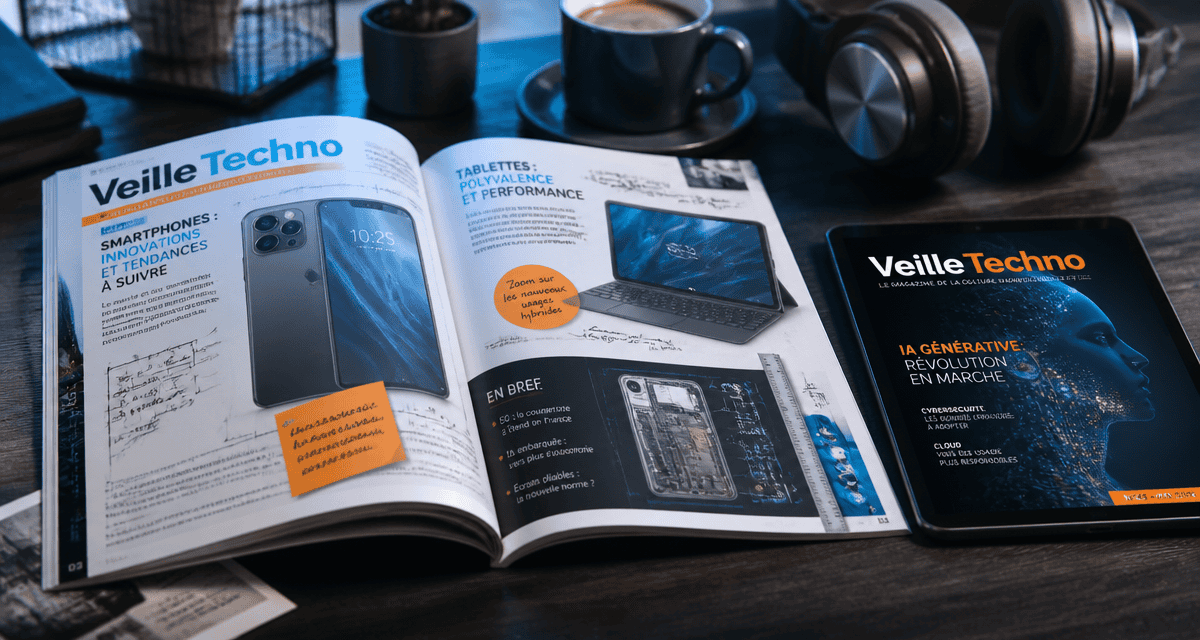 Magazine high tech ouvert avec tablette et café
