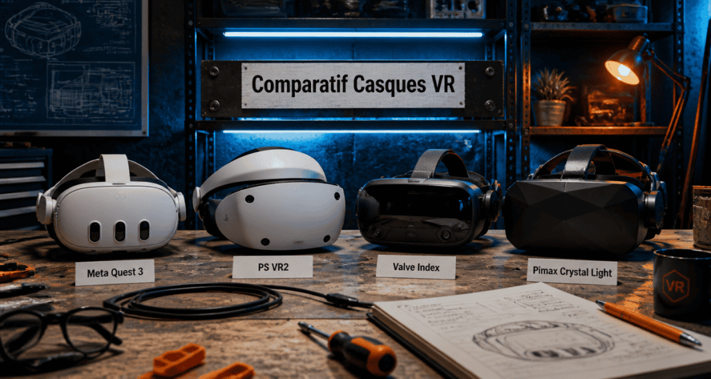 meilleur casque vr Meta Quest 3 PS VR2 Valve Index Pimax sur table